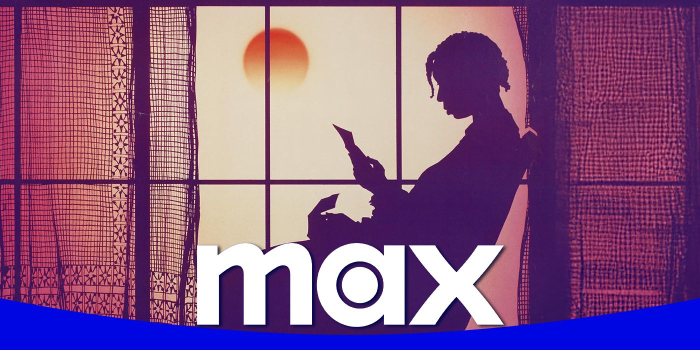 Celie, played by actor Whoopi Goldberg, in silhouette as she reads letters in front of the sunset, with the HBO Max logo in front of her.