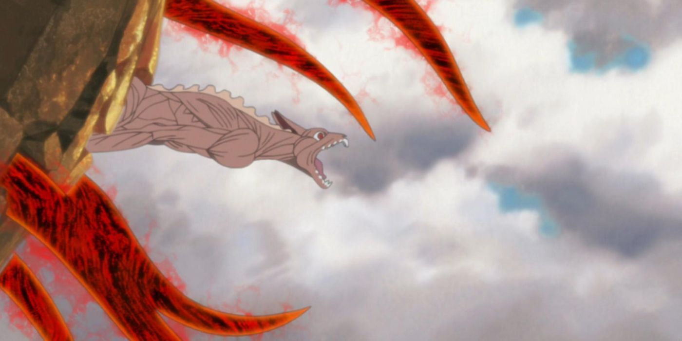 Giant skinless fox emerges from a rock in Naruto.