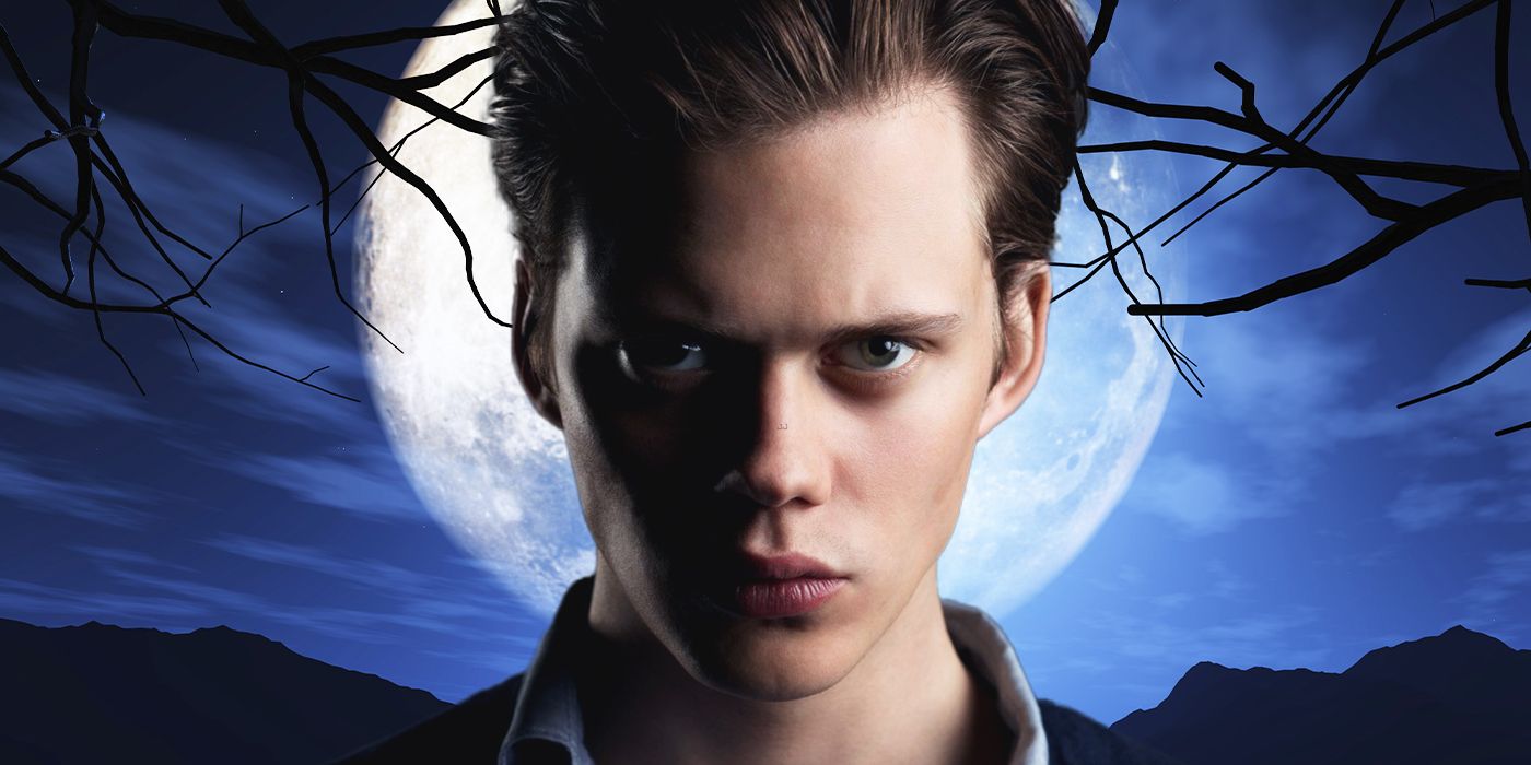 Bill Skarsgard smoldering at the camera in front of a full moon