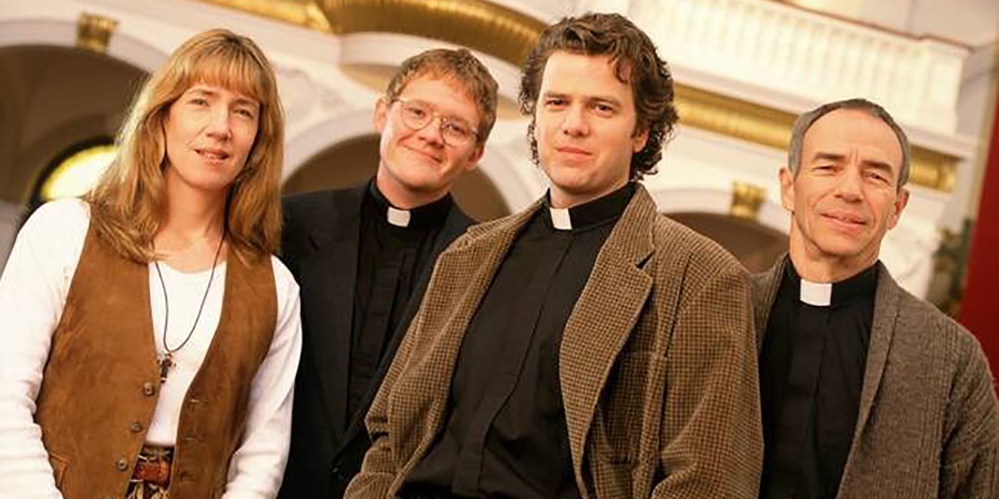 Three male priests and a woman pose in an image from the series Nothing Sacred.