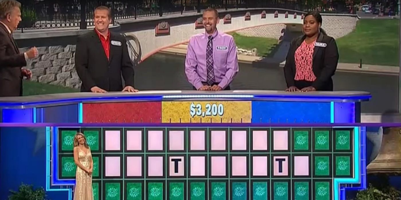 Nura Fontano, Pat Sajak, Vanna White and other competitors guessing letters on Wheel of Fortune.