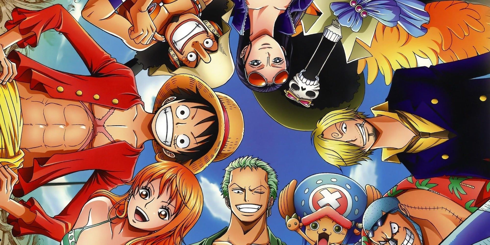 Strawhat pirates from One Piece standing in circle and looking down while smiling.