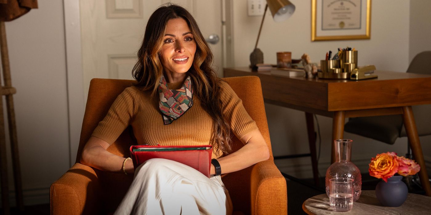 Sarah Shahi sitting in a therapy session in Paradise Episode 5.