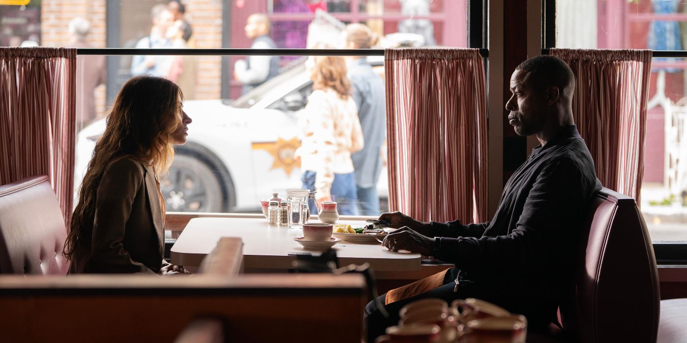 Sarah Shahi and Sterling K Brown at a diner in Paradise