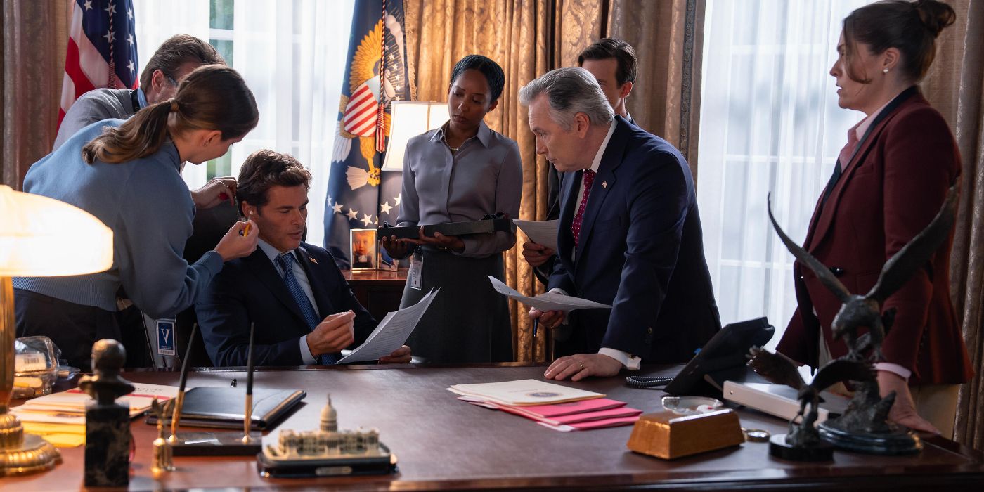 James Marsden being prepped to give a speech in Paradise.