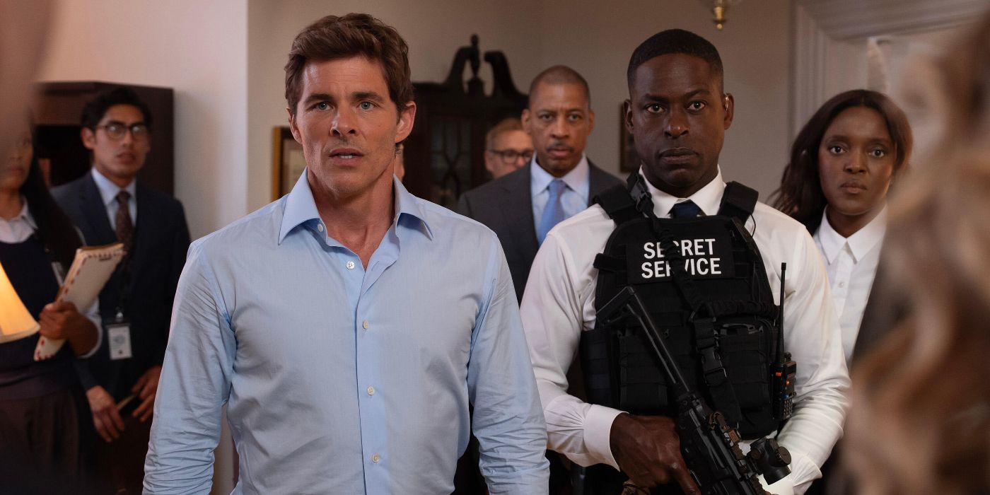 James Marsden stands next to Sterling K. Brown who is wearing an armored Secret Service jacket in Paradise.