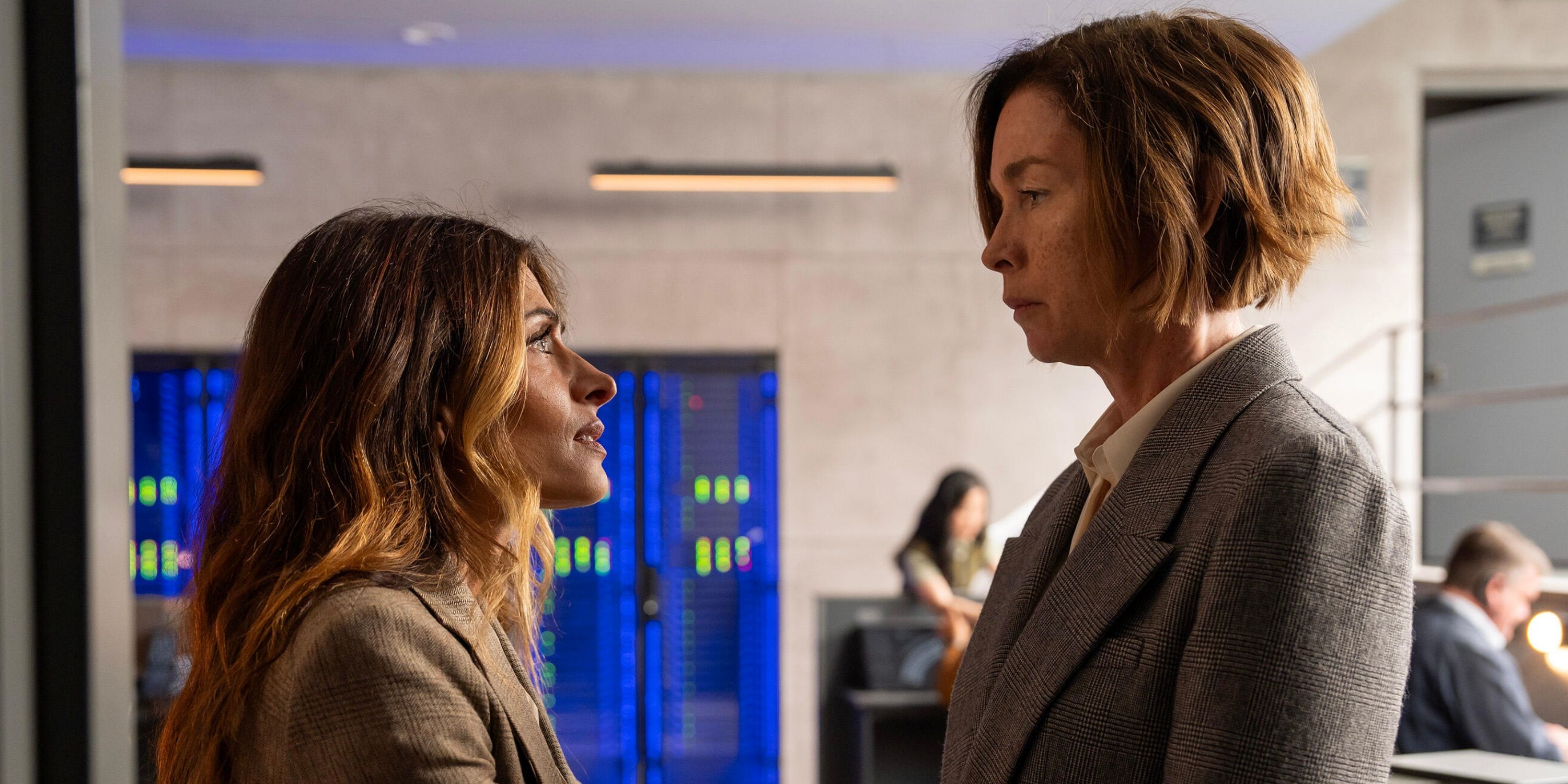 Sarah Shahi as Dr. Gabriela Torabi standing across from Julianne Nicholson as Sinatra in Paradise