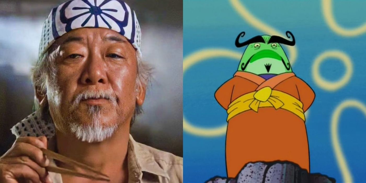 Pat Morita as Mr. Miyagi in Karate Kid and his character Master Udon from SpongeBob SquarePants.