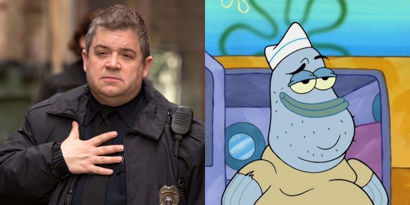 A split image with Patton Oswalt in Please Stand By and his character Jim from SpongeBob SquarePants.