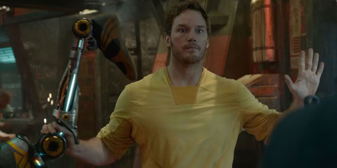 Peter holds a prosthetic leg in Guardians of the Galaxy.