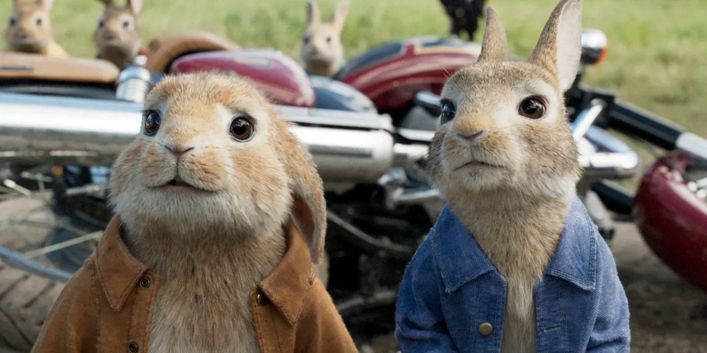 Mopsy Rabbit (L) voiced by Elizabeth Debicki and Peter Rabbit (R) voiced by James Corden in Peter Rabbit