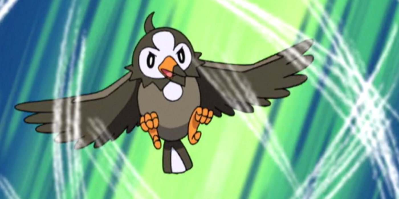 Ash&rsquo;s starly using an attack with its winds in Pokémon