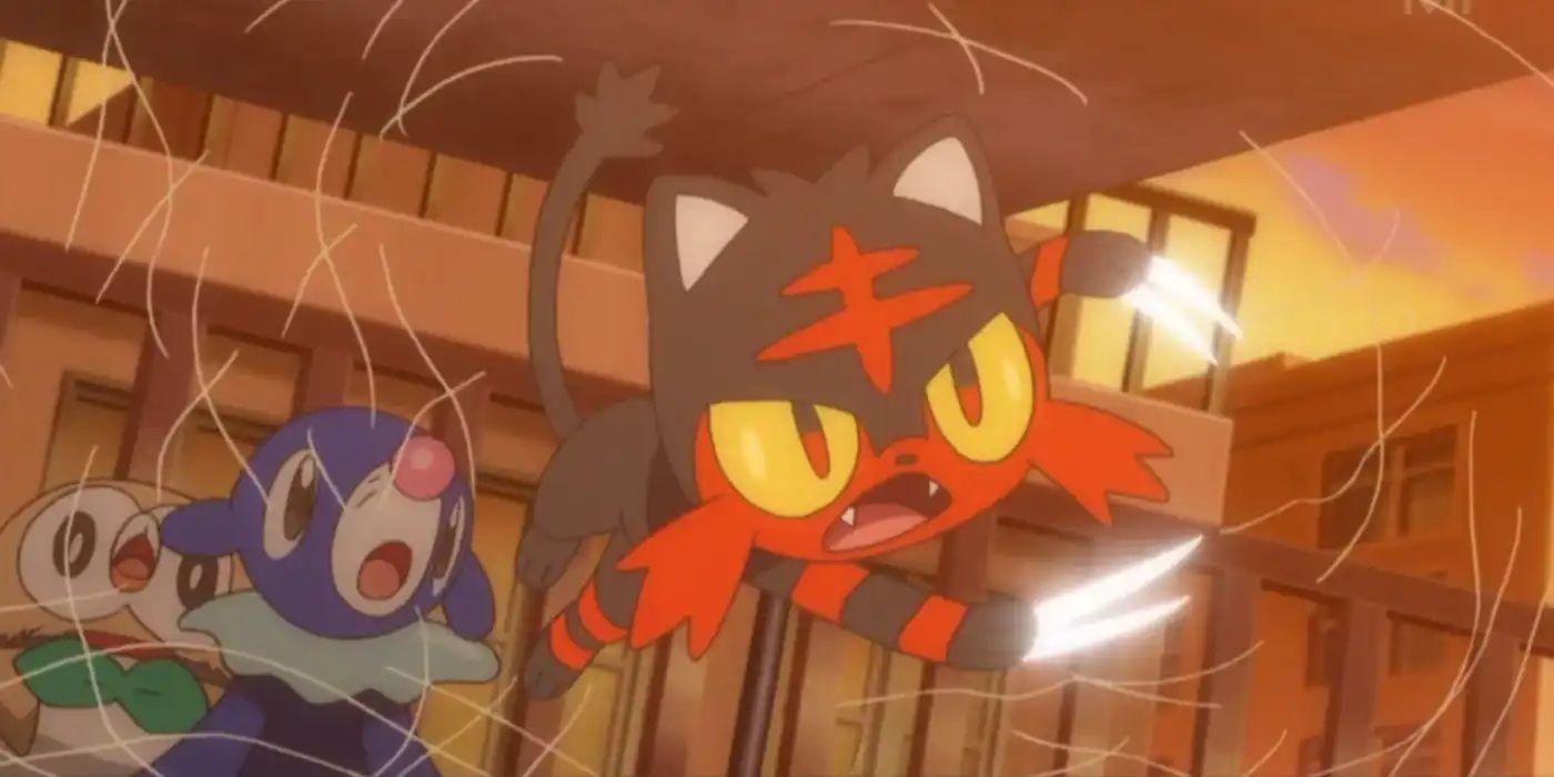 Ash&rsquo;s Litten uses Slash to free himself, Ash&rsquo;s Rowlet, and Lana&rsquo;s Popplio