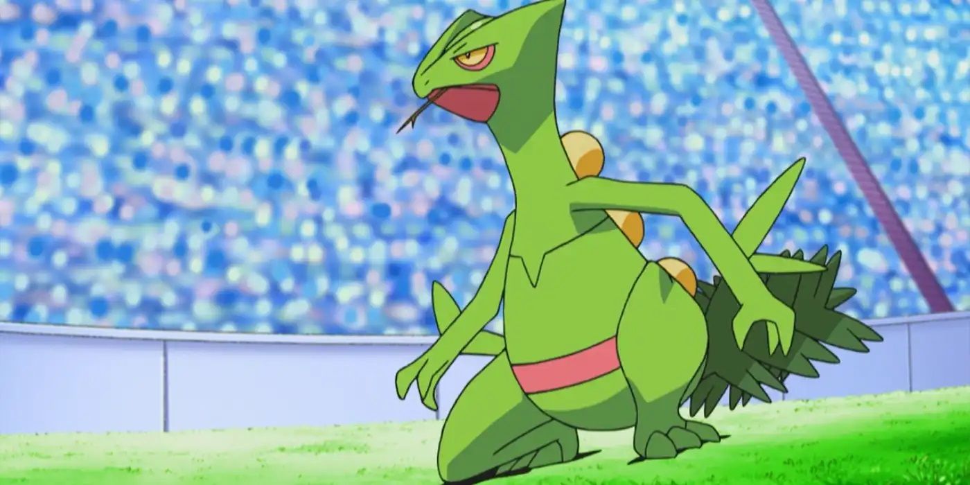 Ash&rsquo;s Sceptile stands in an arena surrounded by a crowd of people