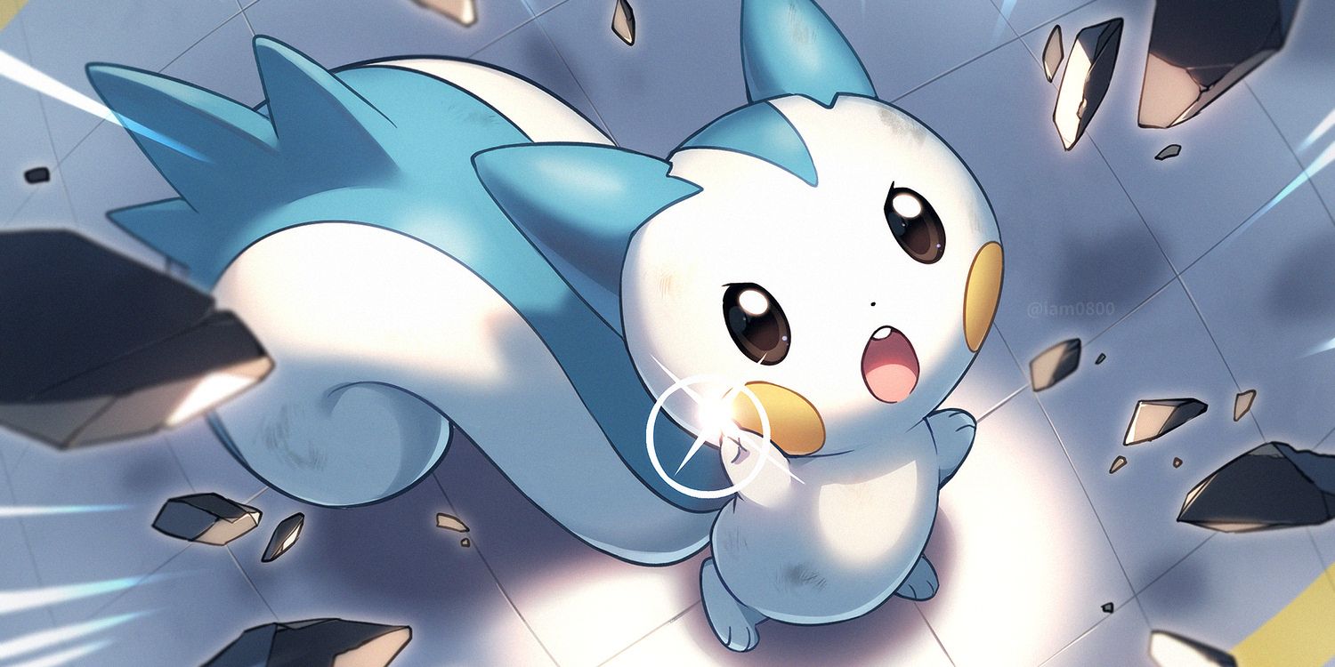 The EleSquirre Pokemon, Pachirisu, holding up its finger as shards of rocks fall towards it in a piece of official Pokemon artwork.