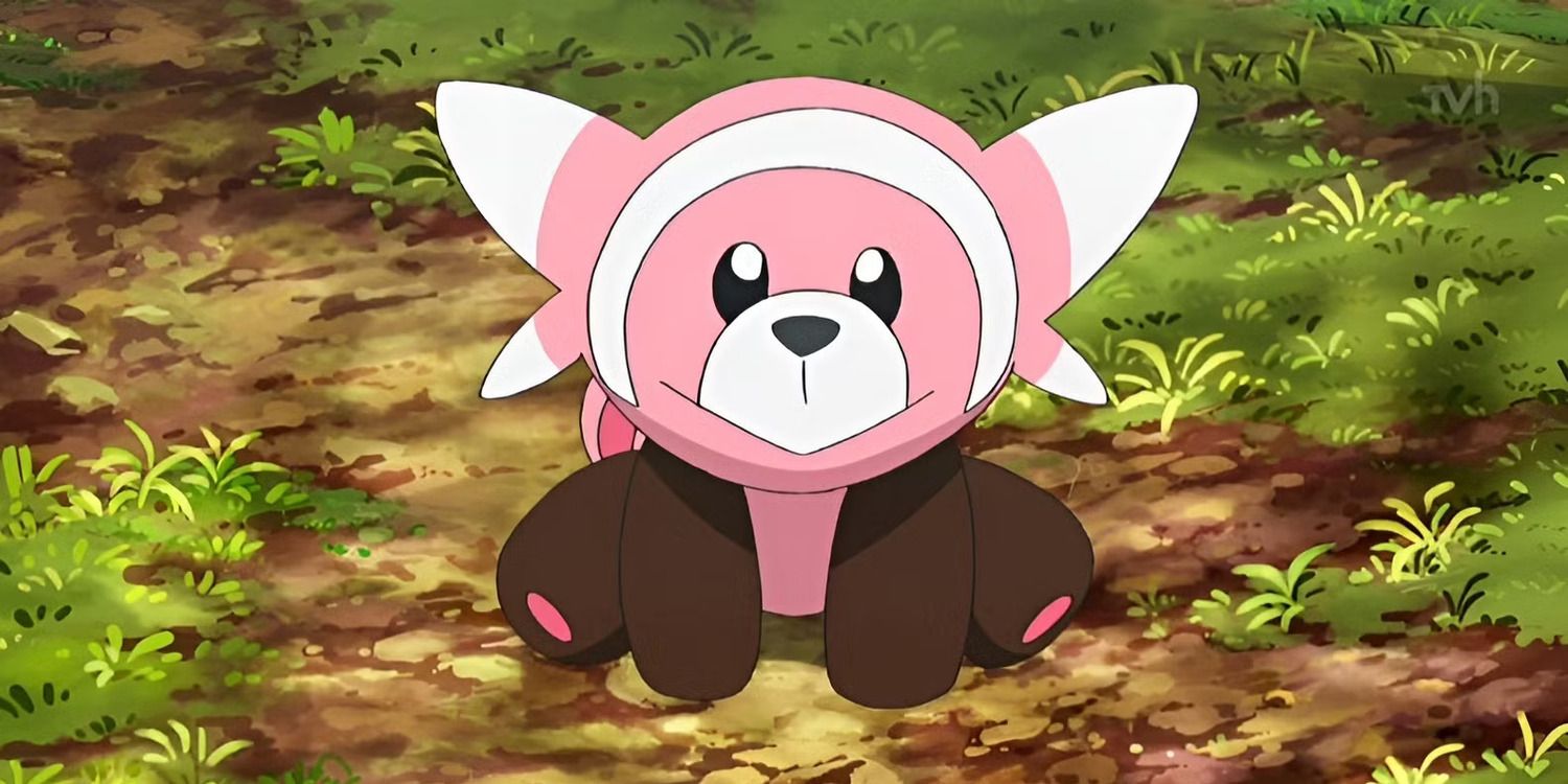 The Flailing Pokemon, Stufful, sitting down on the ground in the Pokemon anime series.