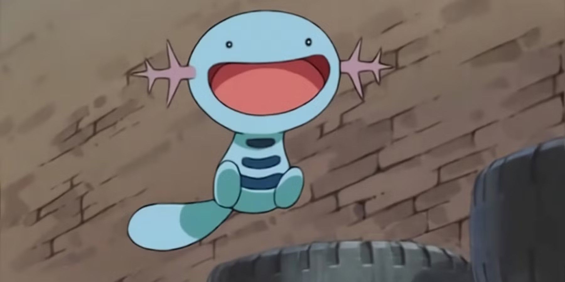 The Water Fish Pokemon, Wooper, jumping in the air with a massive smile on its face in the Pokemon anime series.
