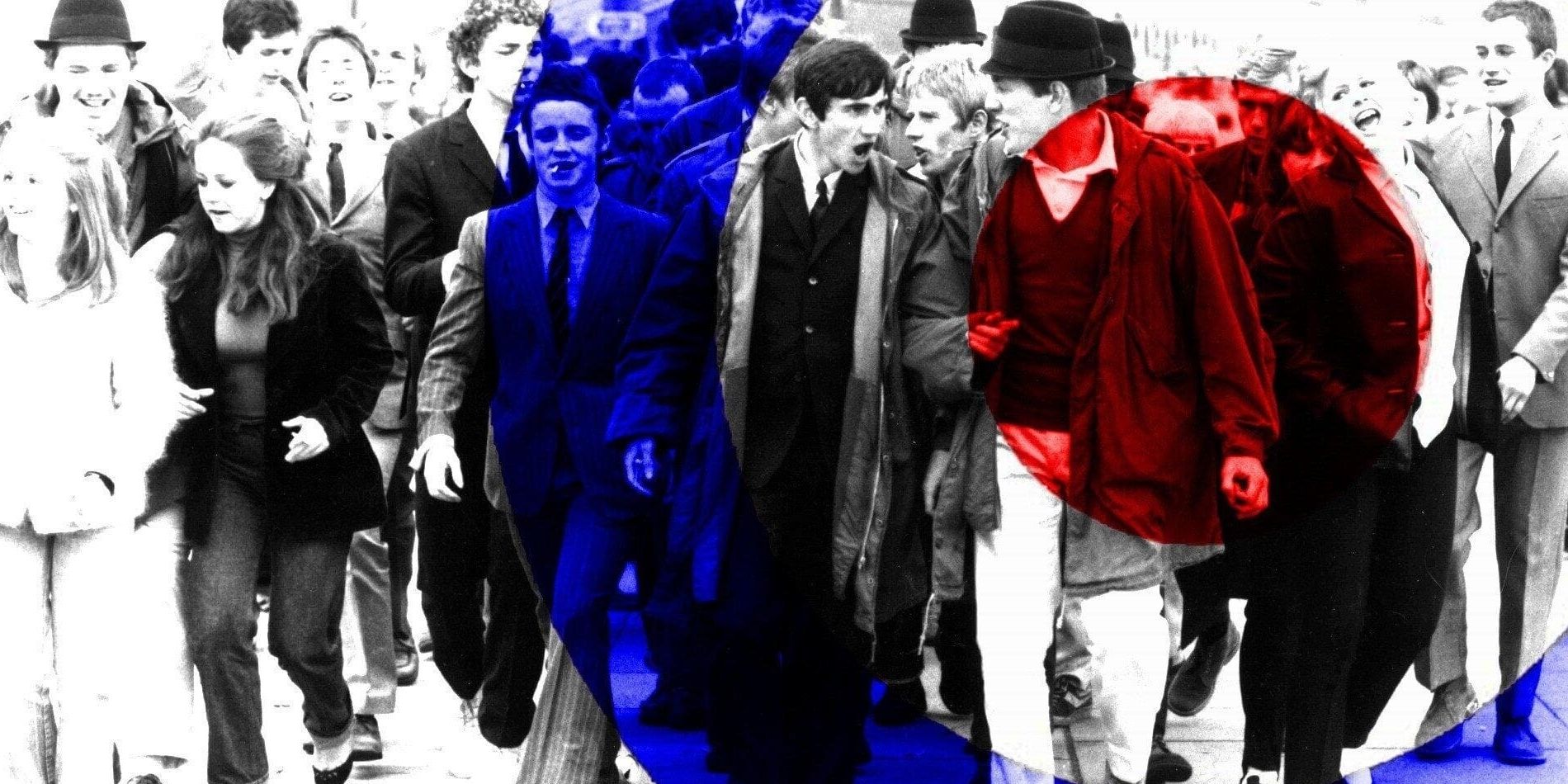 A group of youths in black and white, overlaid with the blue, white and red mod symbol in Quadrophenia.