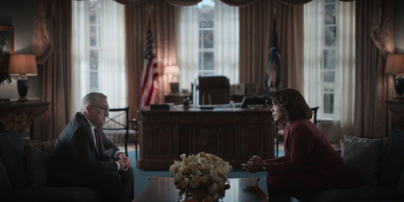 George Mullen (Robert De Niro) and President Evelyn Mitchell (Angela Bassett) talk in the Oval Office in 'Zero Day'