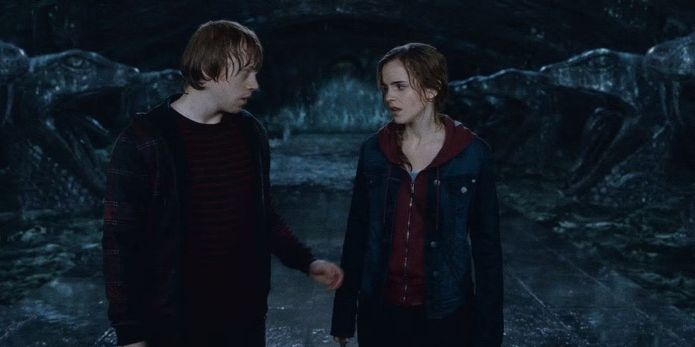 Ron talks to Hermione in a dark cavern in Harry Potter and the Deathly Hallows Part 2.