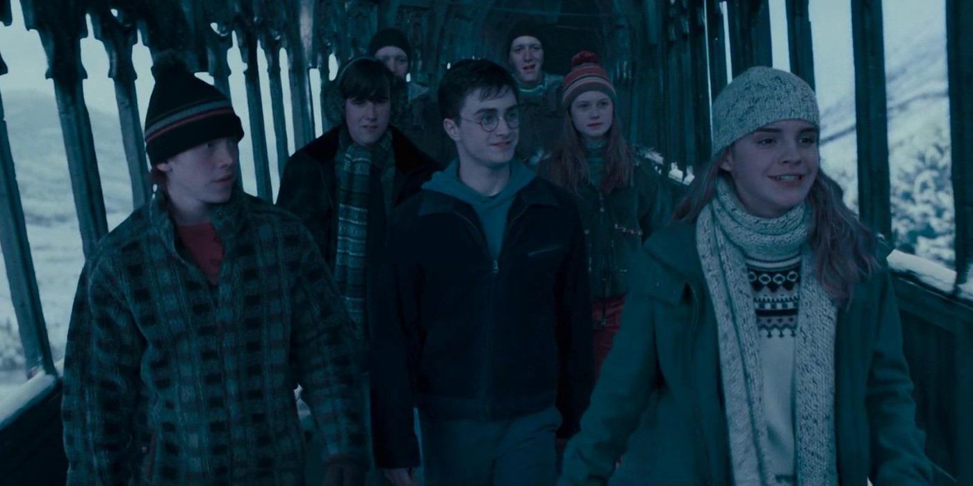 Ron, Harry, Hermione, Neville, Ginny, Fred, and George walk across the Hogwarts bridge in their winter clothes.