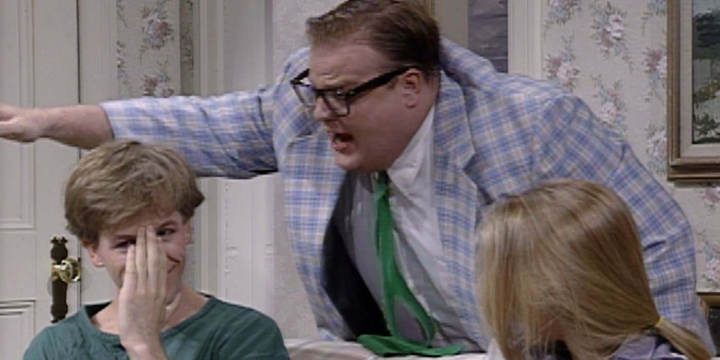 David Spade laughs as Chris Farley points in the Motivational Speaker sketch from &lsquo;Saturday Night Live&rsquo;.