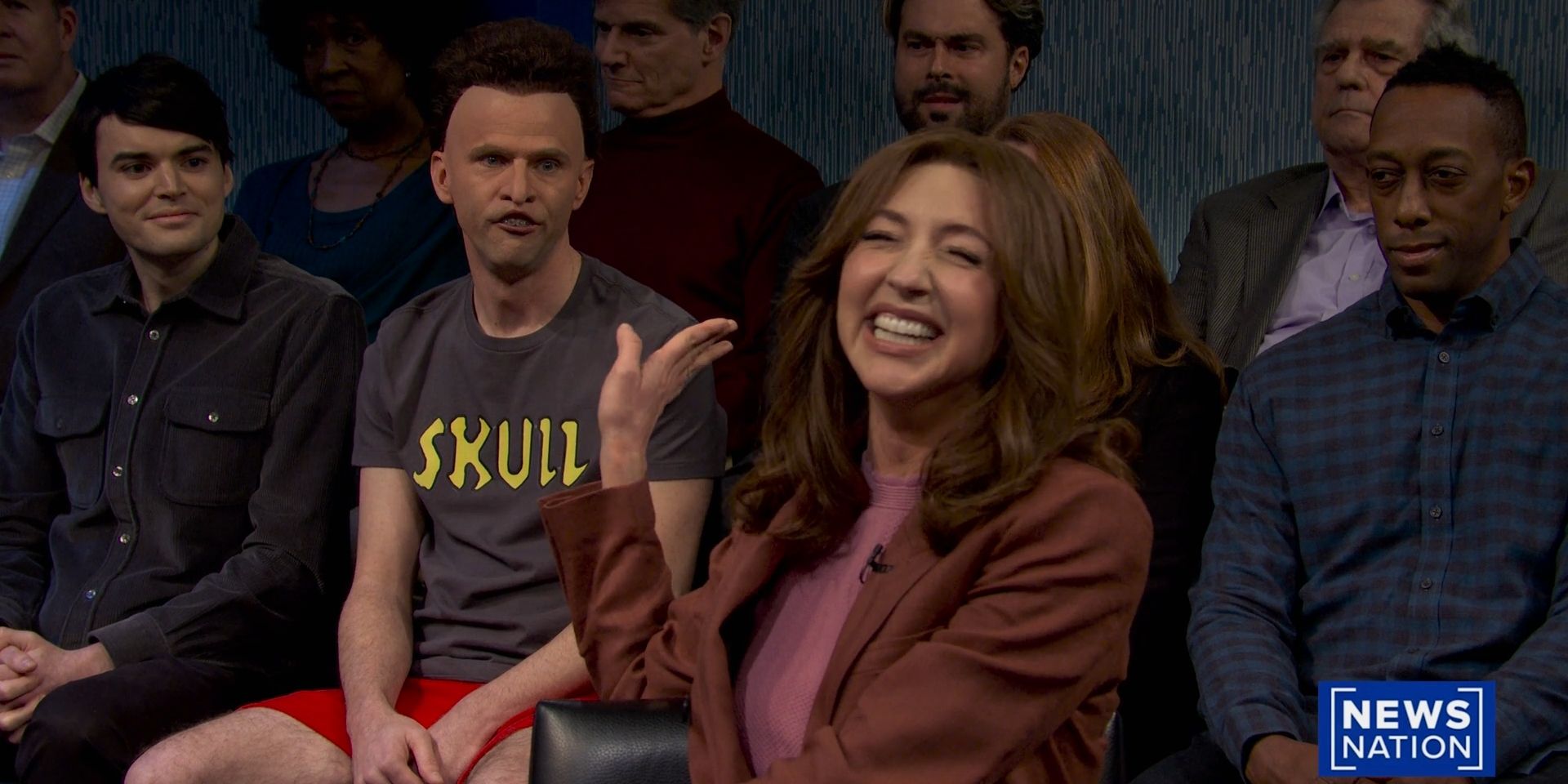 Heidi Gardner laughs while Mikey Day, as Butt-Head, watches her in a sketch from &lsquo;Saturday Night Live&rsquo;.