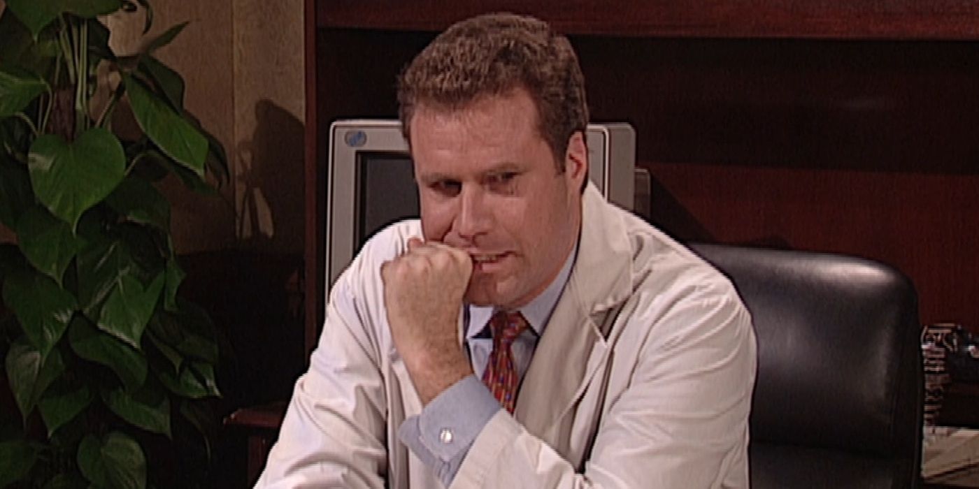 Will Ferrell holds a fist to his mouth while dressed as a doctor in a sketch from &lsquo;Saturday Night Live&rsquo;.
