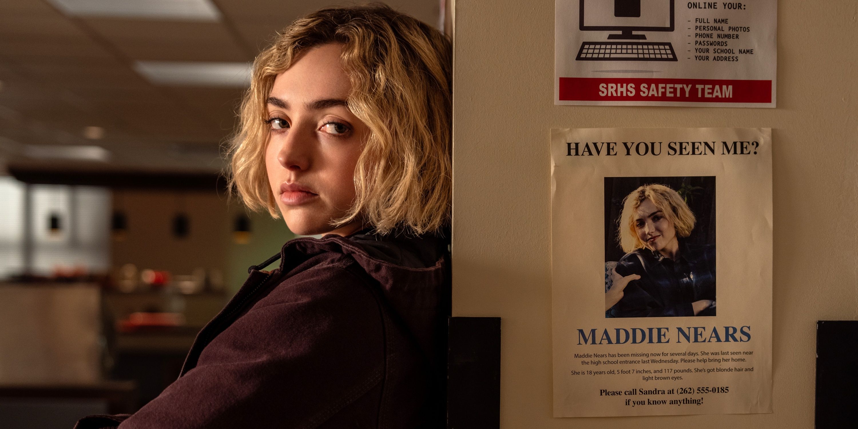 Peyton List as Maddie Nears next to a missing poster of herself in Season 2 of School Spirits