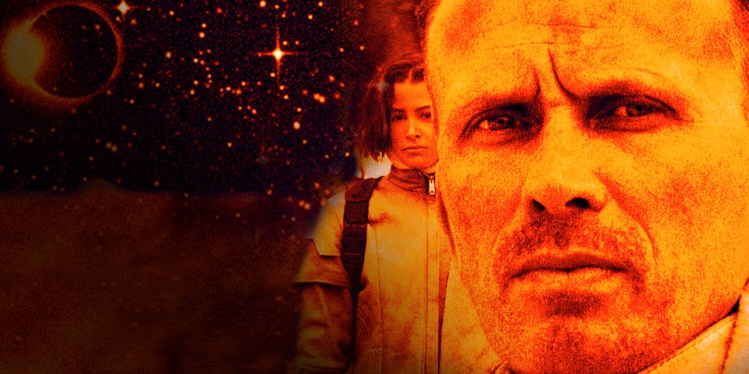Peter Weller as Col. Hendricksson, with Jennifer Rubin as Jessica standing behind him, in front of a space background.