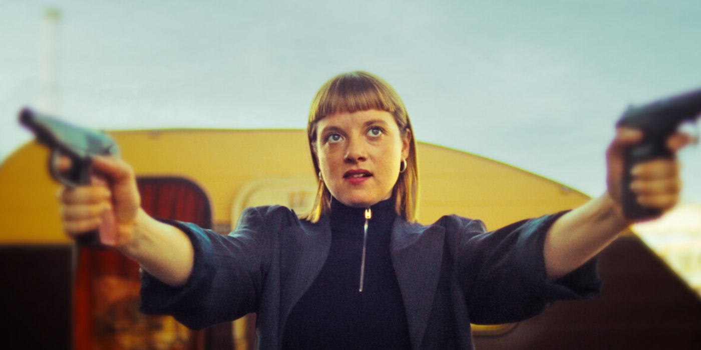 Jella Haase as Kleo holding two guns and wearing a black turtleneck in &lsquo;Kleo&rsquo;