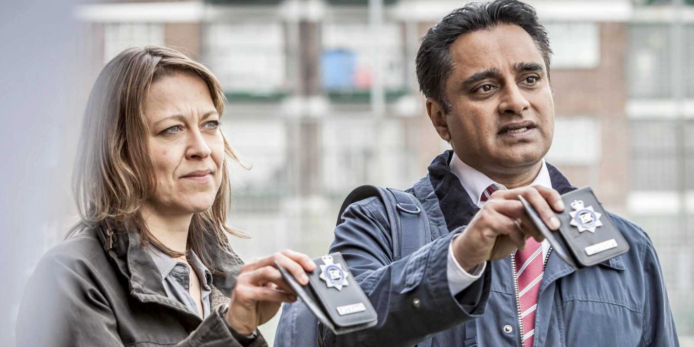 Nicola Walker as Cassie Stuart and Sanjeev Bhaskar as Sunny Khan flashing their badges in Unforgotten