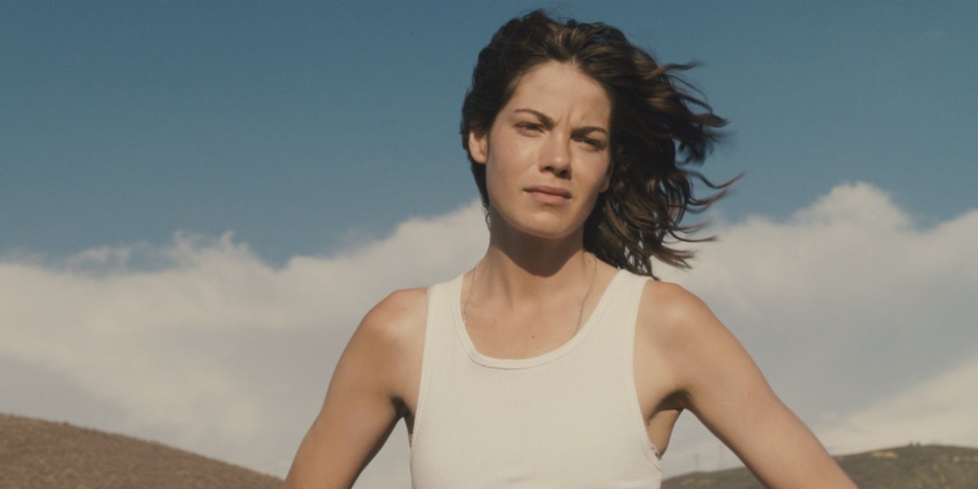 Michelle Monaghan as Diane wearing a white tank top and standing outside in &lsquo;Trucker&rsquo;