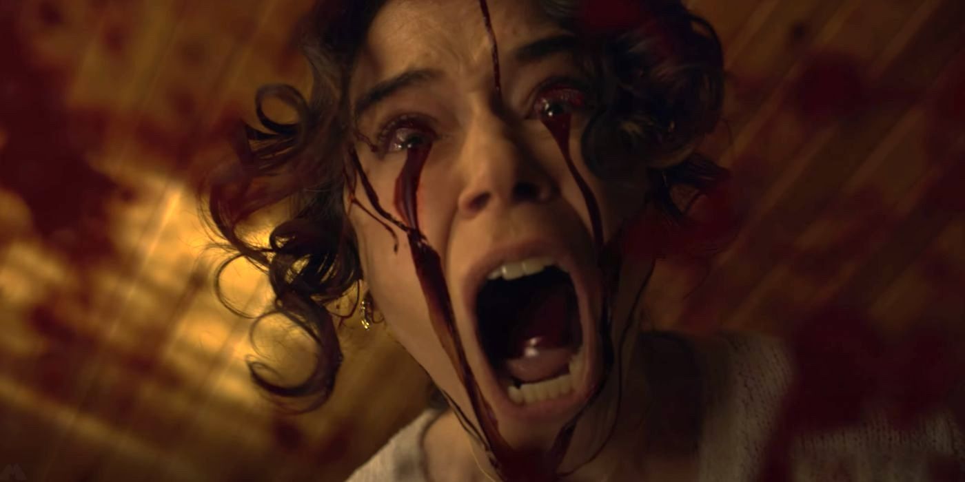 Tatiana Maslany bleeds from her eyes in a creepy scene in The Monkey.