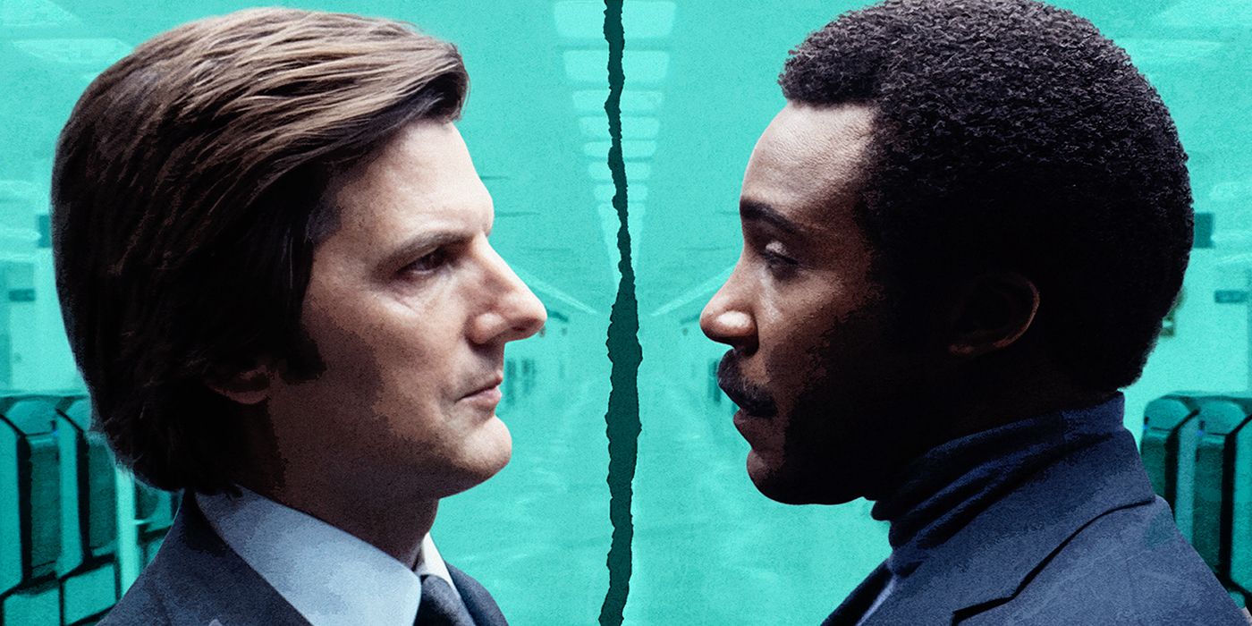 Adam Scott and Tramell Tillman in a death stare face off in a scene from Severance