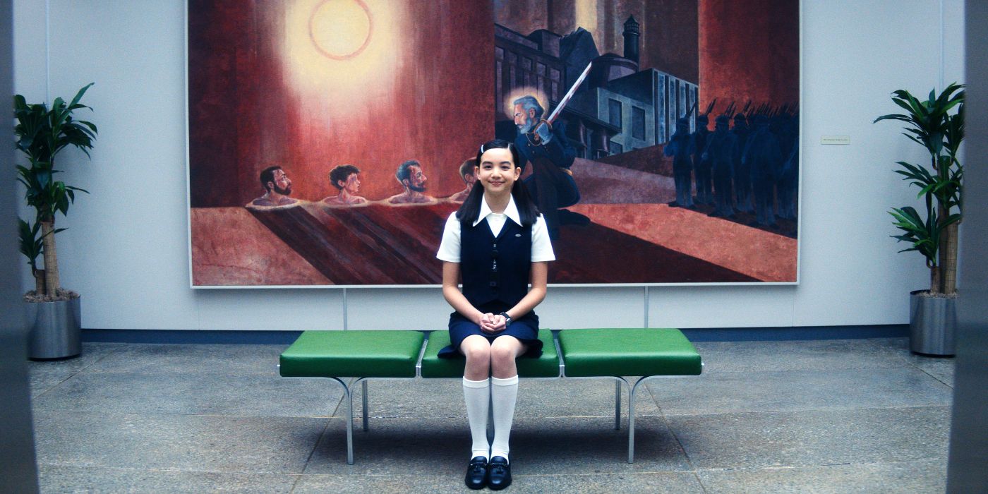 Sarah Bock sitting outside the severed floor elevator in Severance Season 2 Episode 5