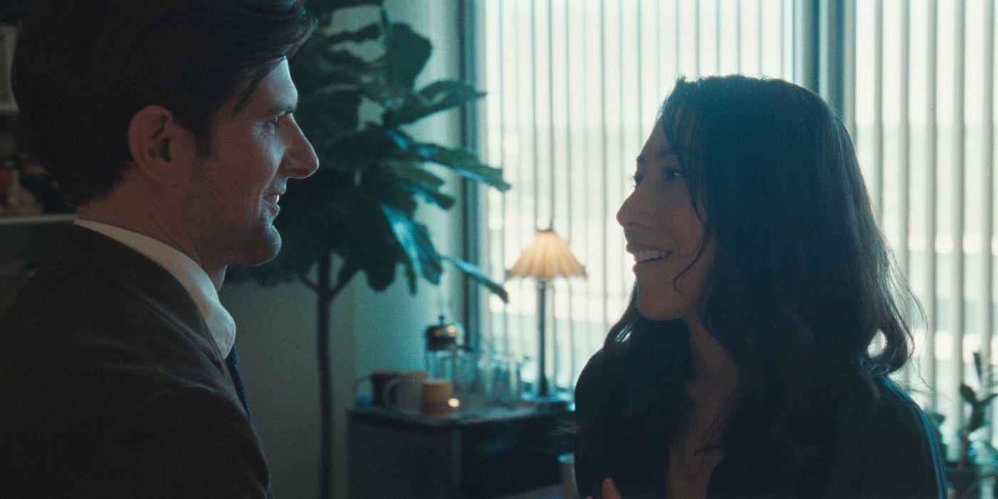 Dichen Lachman and Adam Scott in a flashback from Severance Season 2 Episode 7