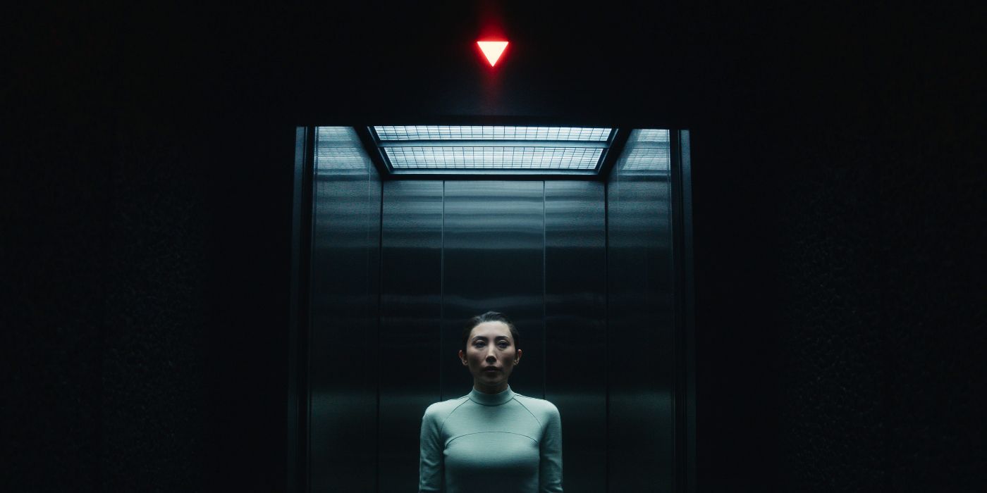 Gemma in the Exports Hall elevator in Severance Season 2 Episode 7