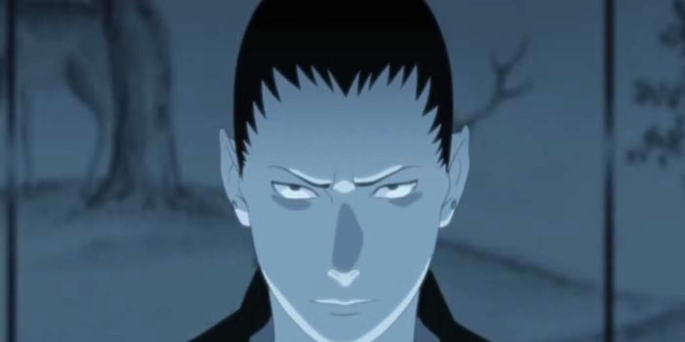 Shikamaru scowls with a dark nature background in Naruto Shippuden.