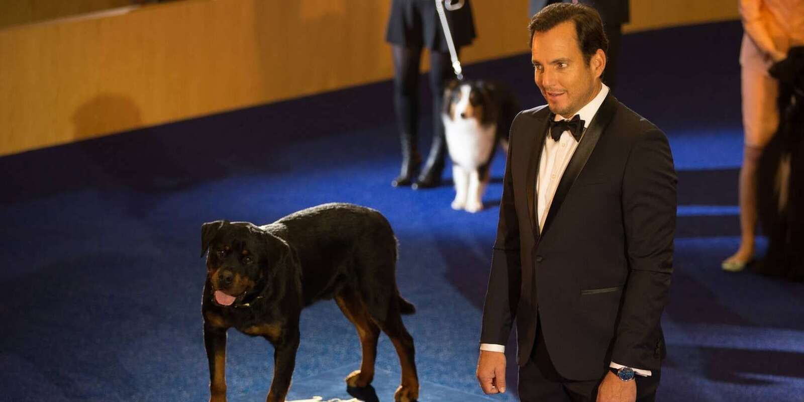 Will Arnett as Agent Frank Nicholas wearing a tuxedo and standing next to his Rottweiler police dog Max (voiced by Ludacris) at a dog show in &lsquo;Show Dogs&rsquo; (2018)