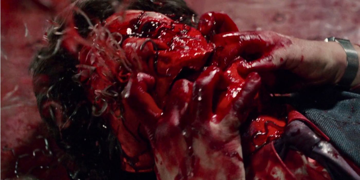David Watson, played by Emilio Linder, dies as parasites spill from his eye socket in Slugs.