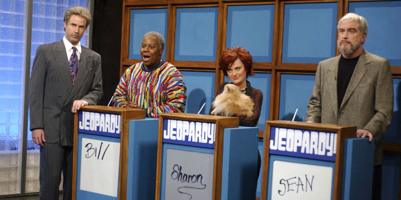 Will Ferrell as Alex Trebek stands at a podium where three players are, including Darrel Hammond as Sean Connery on SNL
