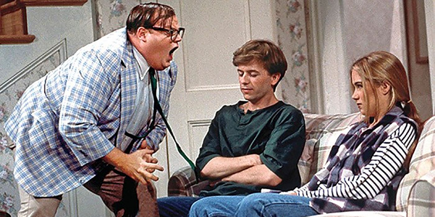 Chris Farley as Matt Foley, bending over and screaming at David Spade and Christina Applegate on SNL.