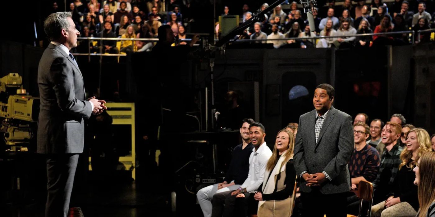 The SNL host speaking to Kenan Thompson in the audience on Saturday Night Live.