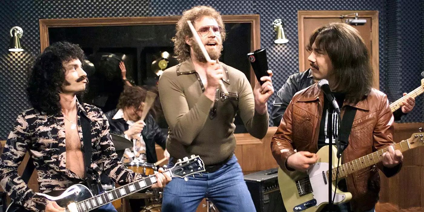 Will Ferrell smashes a cowbell as Chris Kattan and Chris Parnell dressed as rockers look on in SNL.