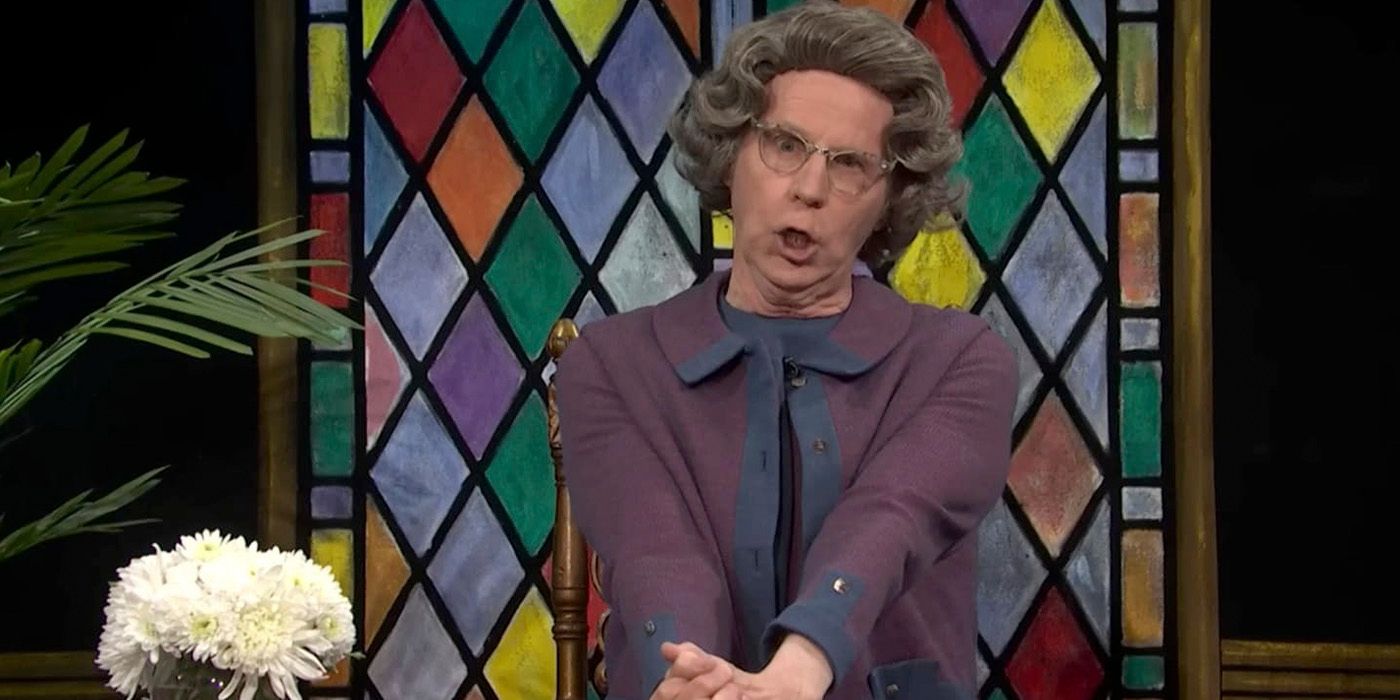 The Church Lady talking, hands clasped in front of her and a stained glass window behind on SNL.