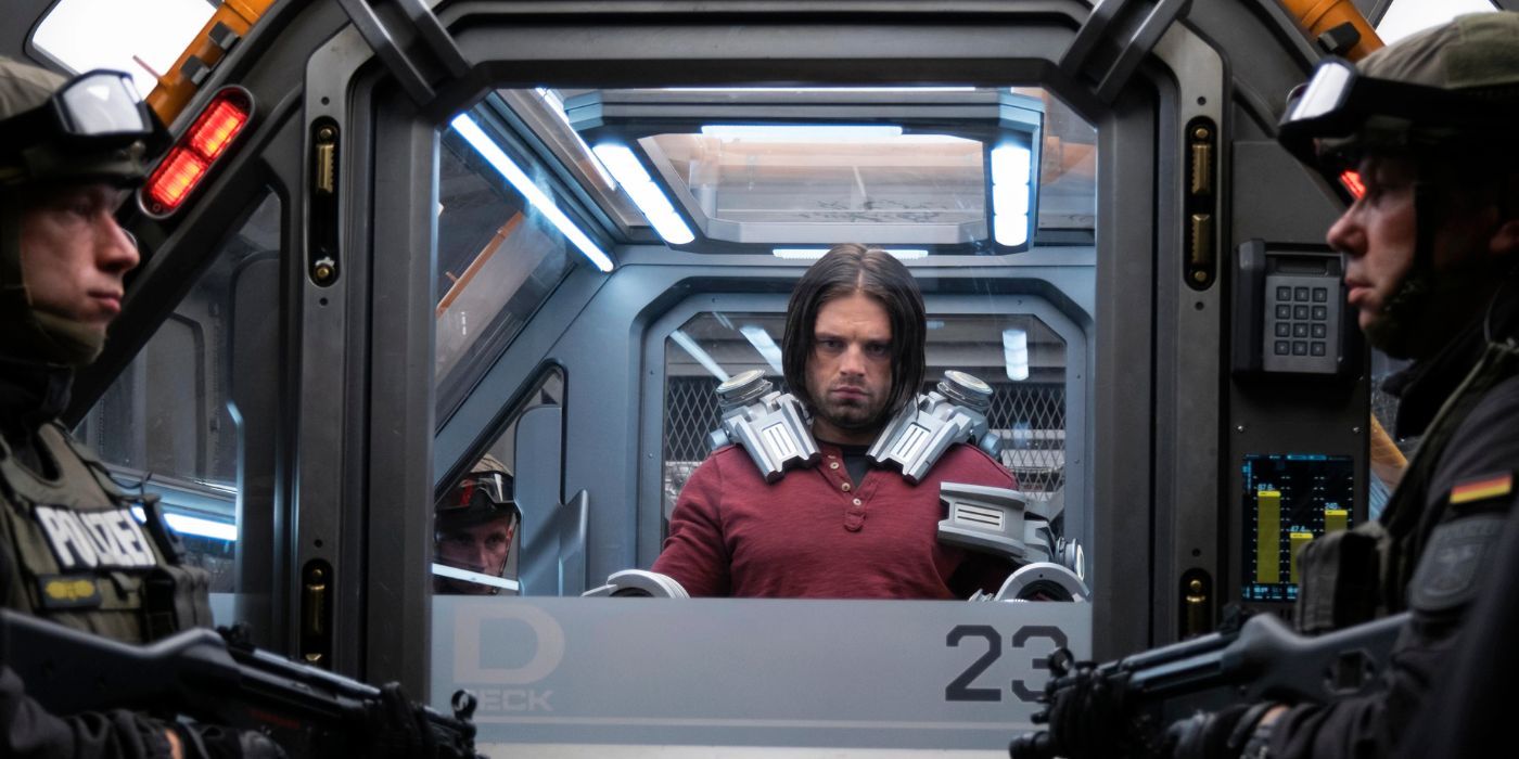 Soldiers surrounding a box holding Winter Soldier in Captain America: Civil War