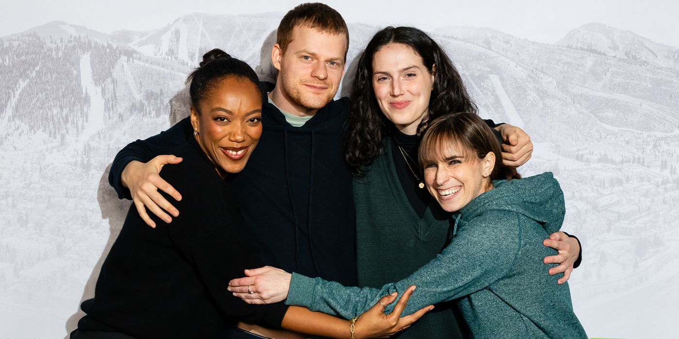 Naomi Ackie, Lucas Hedges and Eva Victor pose together with Perri Nemiroff at Sundance 2025 for Sorry, Baby