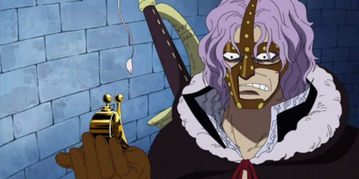 Spandam holding a golden snail (buster call) in One Piece