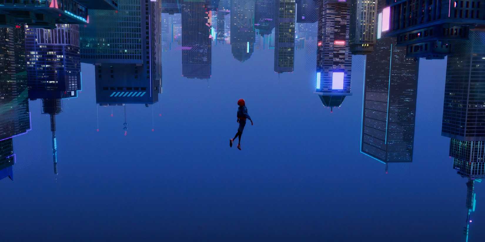 Miles Morales floating in Spider-Man Into the Spider-Verse while the world is upside down.